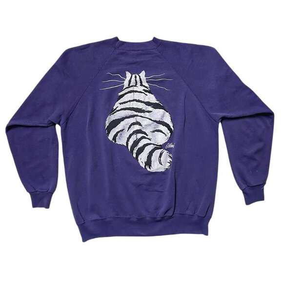 90s Vintage Front Back Cat Cartoon Sweatshirt Purple Crewneck Oldland Comic. - Picture 2 of 7